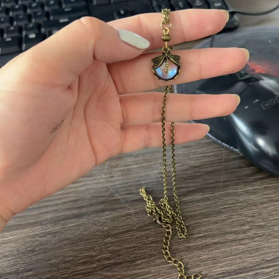 Wholesale Bohemian Retro Dragonfly Green Crystal Pendant Necklace